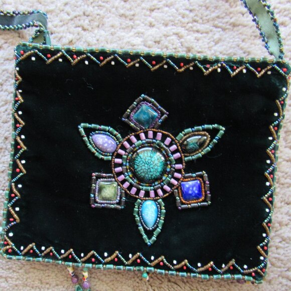 Teal Green Velvet and Stone Beaded Purse - Picture 1 of 4
